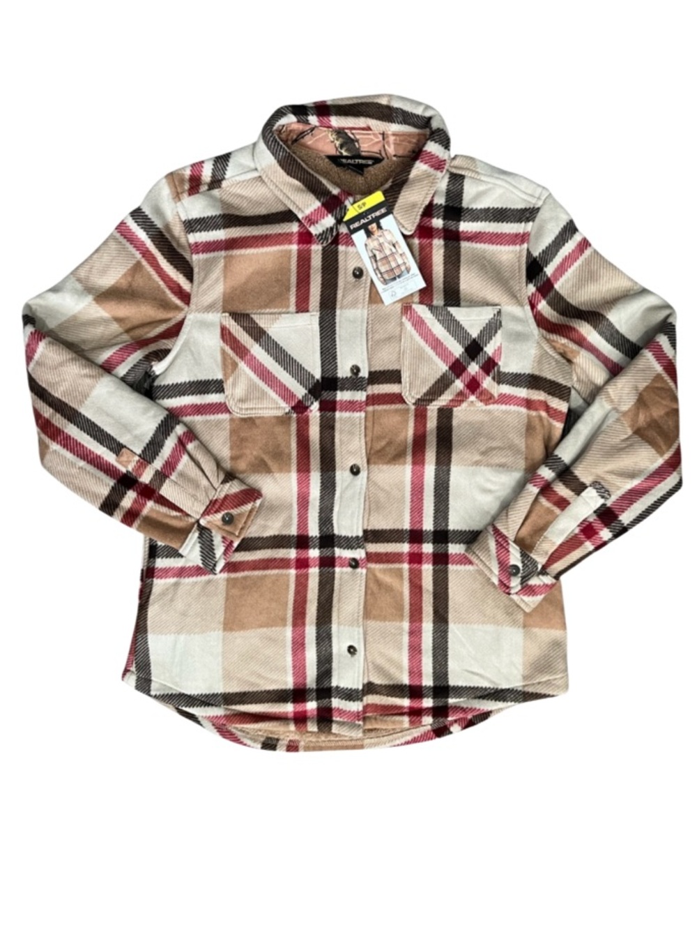 NWT Realtree Women's Plaid Bonded Fleece Shirt Jacket - Tan and Red Small